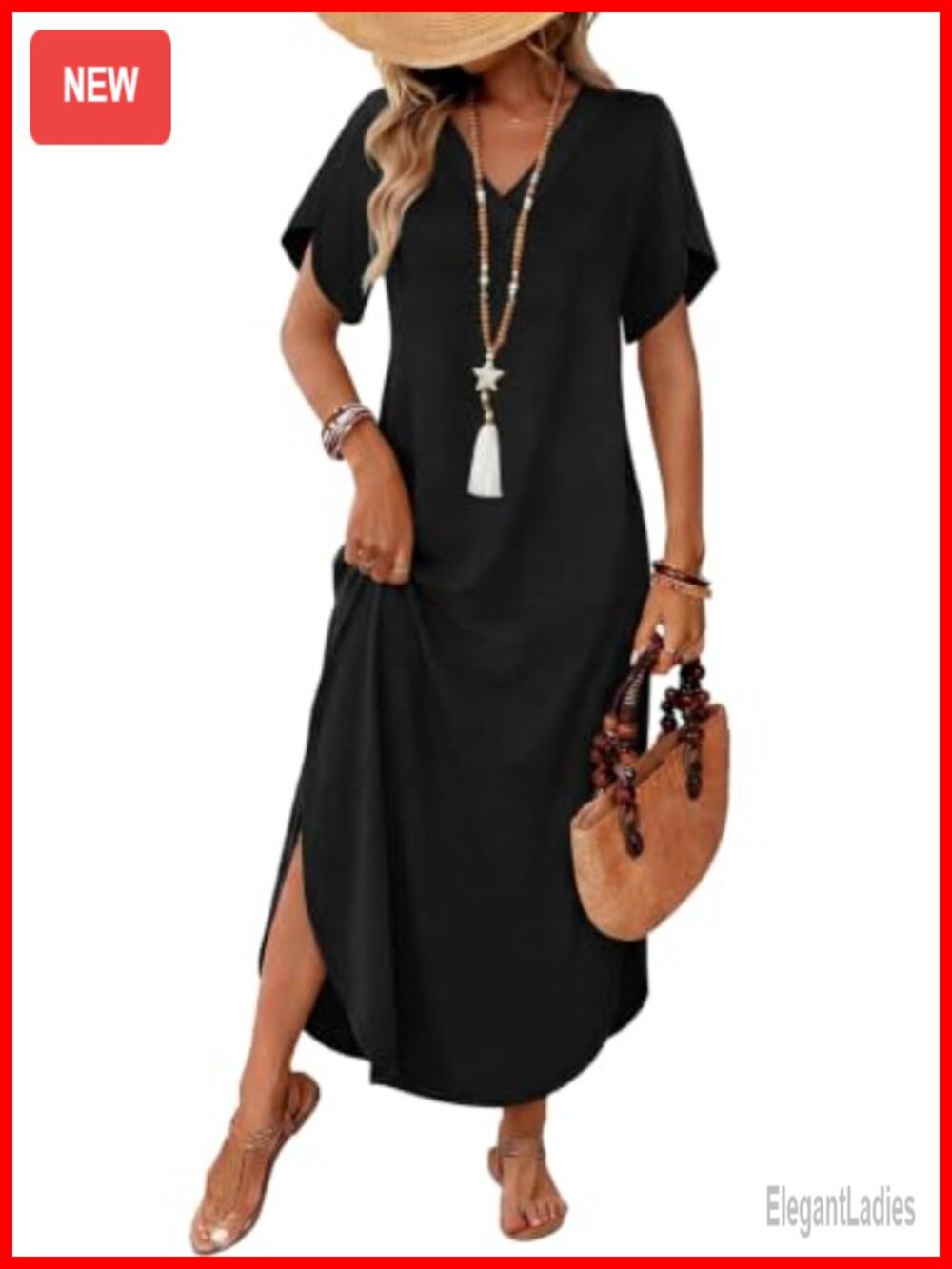 Women's Maxi Dress V-Neck Petal Sleeve Side Slit Pockets Polyester Blend Casual